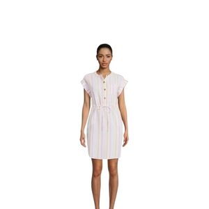 NWT White Pink Striped Dress with Capped Sleeves and Crew Neck